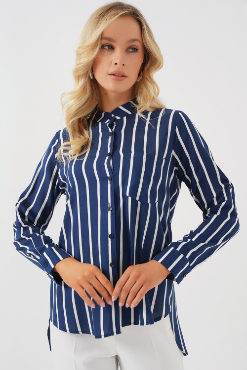 Merterium Kadın Uzun Kollu Çizgili Gömlek 20283 - A.Lacivert