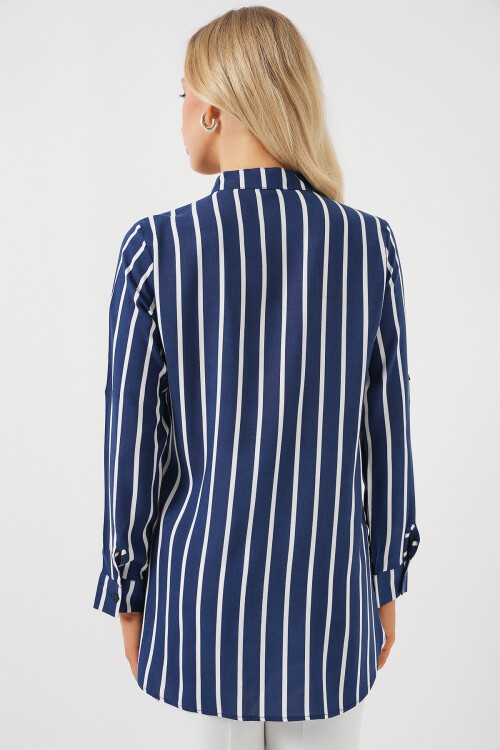 Merterium Kadın Uzun Kollu Çizgili Gömlek 20283 - A.Lacivert