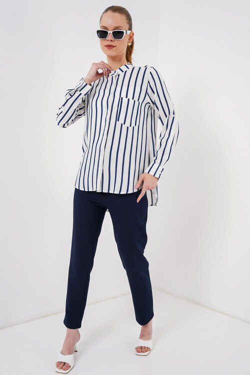 Merterium Kadın Uzun Kollu Çizgili Gömlek 20283 - B.Lacivert