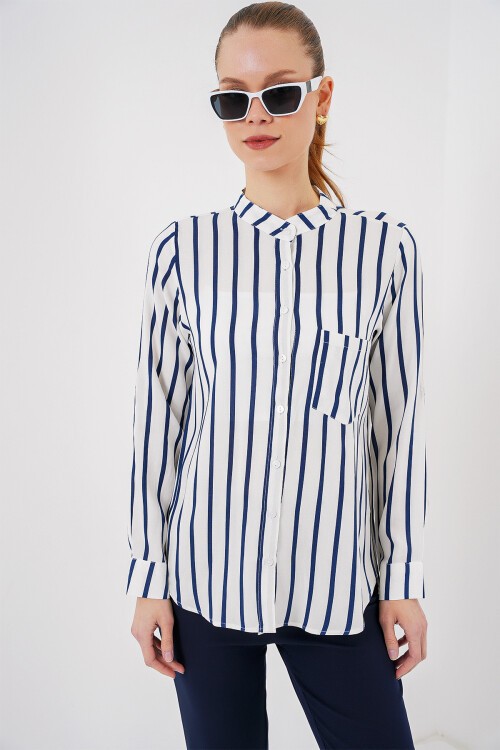 Merterium Kadın Uzun Kollu Çizgili Gömlek 20283 - B.Lacivert