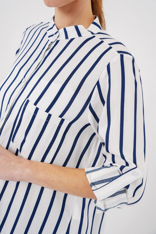 Merterium Kadın Uzun Kollu Çizgili Gömlek 20283 - B.Lacivert
