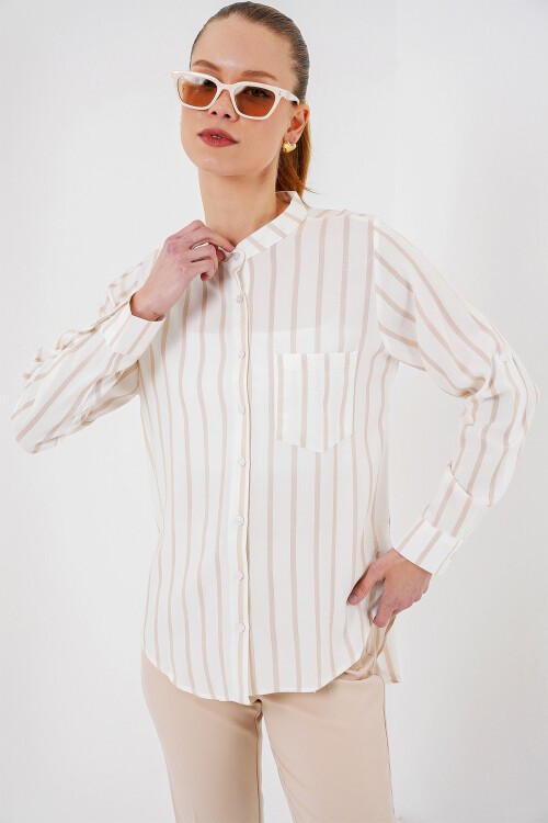 Merterium Kadın Uzun Kollu Çizgili Gömlek 20283 - Bej