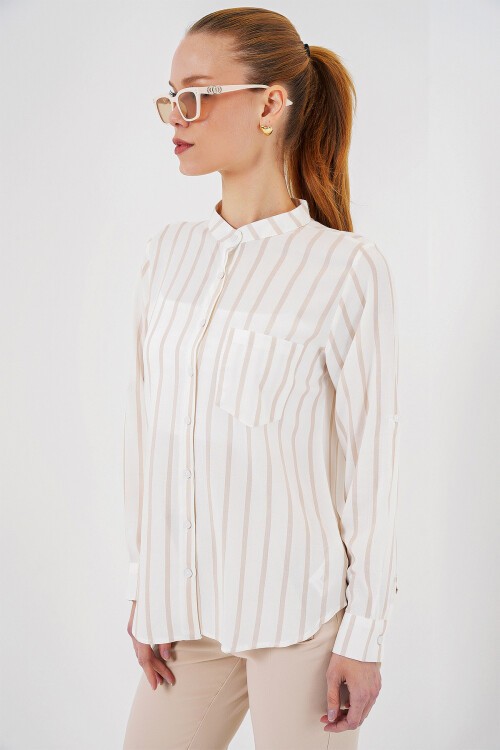 Merterium Kadın Uzun Kollu Çizgili Gömlek 20283 - Bej