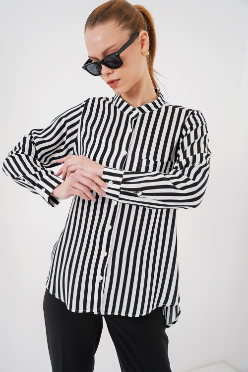 Merterium Kadın Uzun Kollu Çizgili Gömlek 20283 - Beyaz