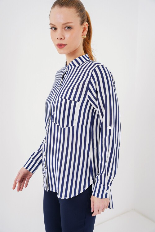 Merterium Kadın Uzun Kollu Çizgili Gömlek 20283 - Lacivert