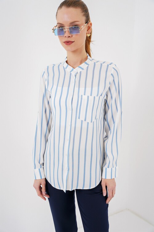Merterium Kadın Uzun Kollu Çizgili Gömlek 20283 - Mavi