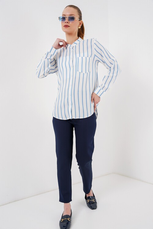 Merterium Kadın Uzun Kollu Çizgili Gömlek 20283 - Mavi