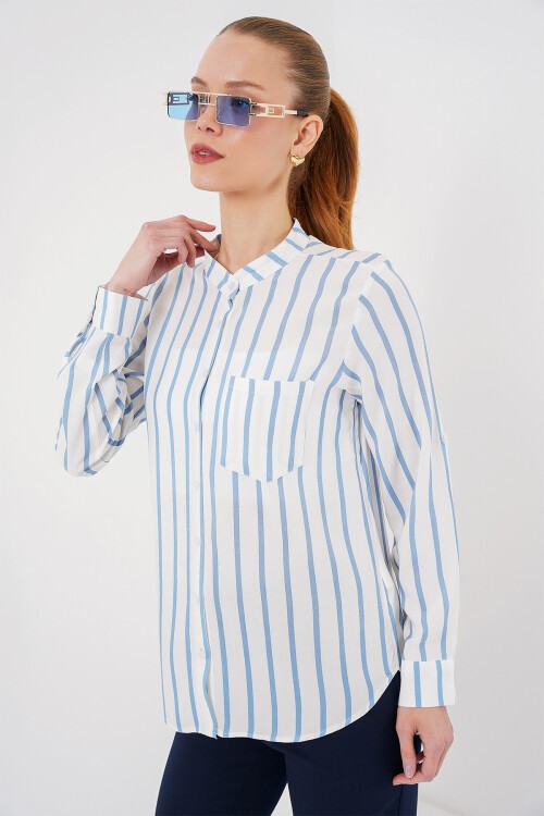 Merterium Kadın Uzun Kollu Çizgili Gömlek 20283 - Mavi