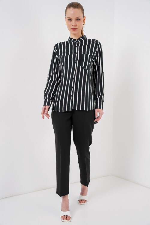 Merterium Kadın Uzun Kollu Çizgili Gömlek 20283 - Siyah