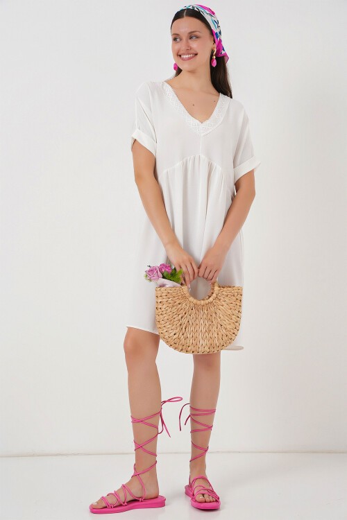 Merterium Kadın V Yaka Kısa Kol Elbise 2567 - Beyaz
