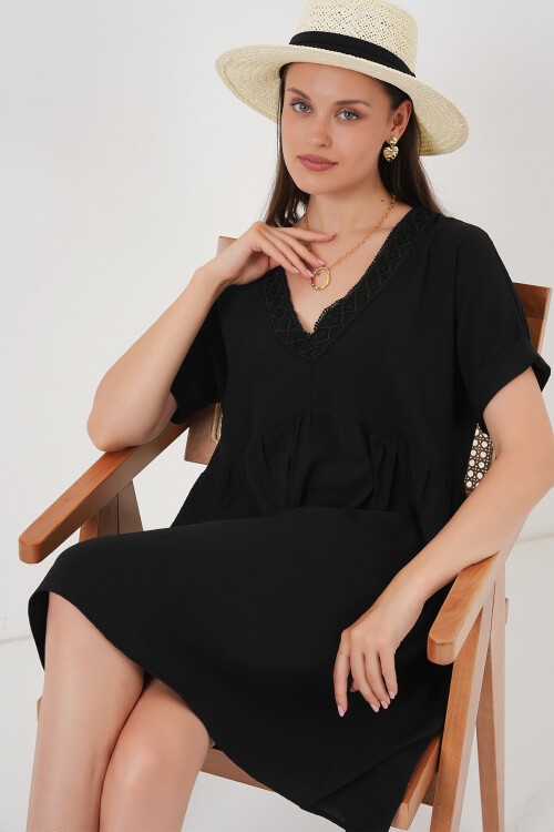 Merterium Kadın V Yaka Kısa Kol Elbise 2567 - Siyah