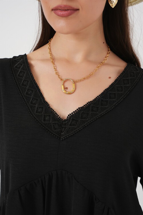 Merterium Kadın V Yaka Kısa Kol Elbise 2567 - Siyah