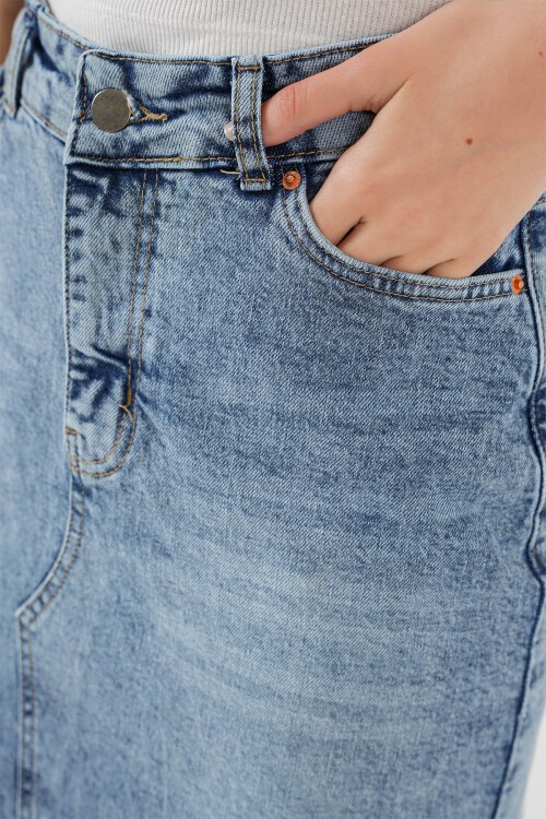 Merterium Kadın Yırtmaçlı Midi Kot Etek 8038 - Mavi