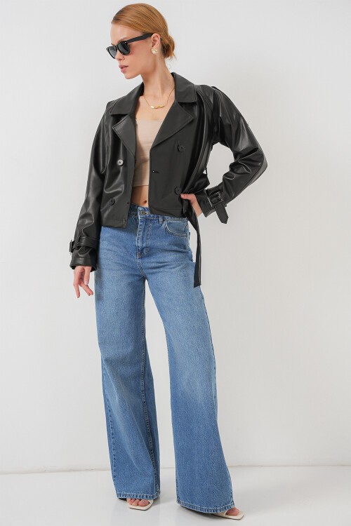 Merterium Kemerli Siyah Suni Deri Ceket 0698