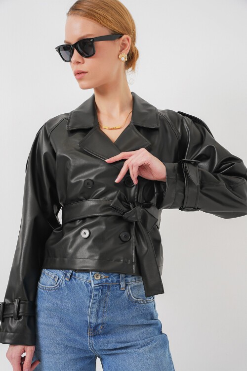 Merterium Kemerli Siyah Suni Deri Ceket 0698