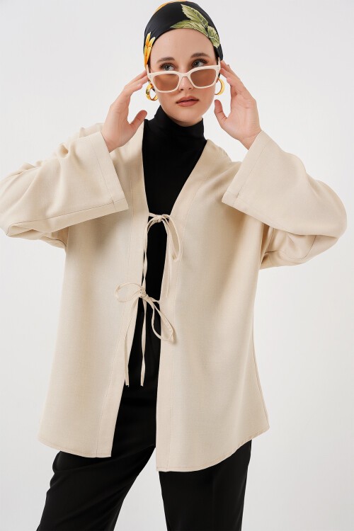 Merterium Keten Tesettür Kimono 5968 - Krem