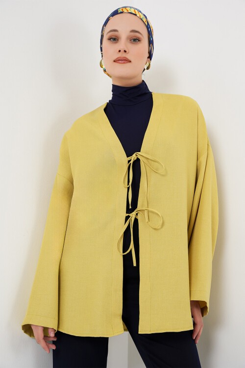 Merterium Keten Tesettür Kimono 5968 - Yağ Yeşil