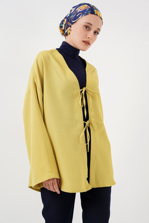 Merterium Keten Tesettür Kimono 5968 - Yağ Yeşil