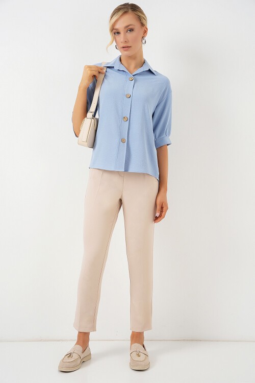 Merterium Kısa Kol Oversize Keten Gömlek 20240 - B.Mavi