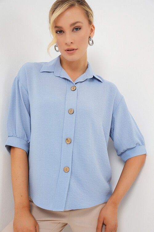 Merterium Kısa Kol Oversize Keten Gömlek 20240 - B.Mavi