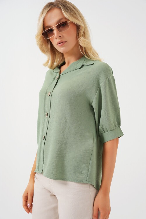 Merterium Kısa Kol Oversize Keten Gömlek 20240 - Çağla