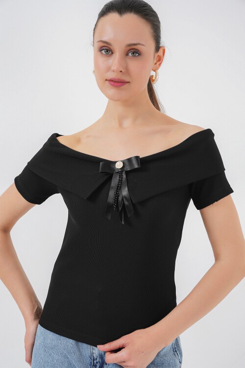 Merterium Kurdele Detaylı Örme Bluz 949 - Siyah