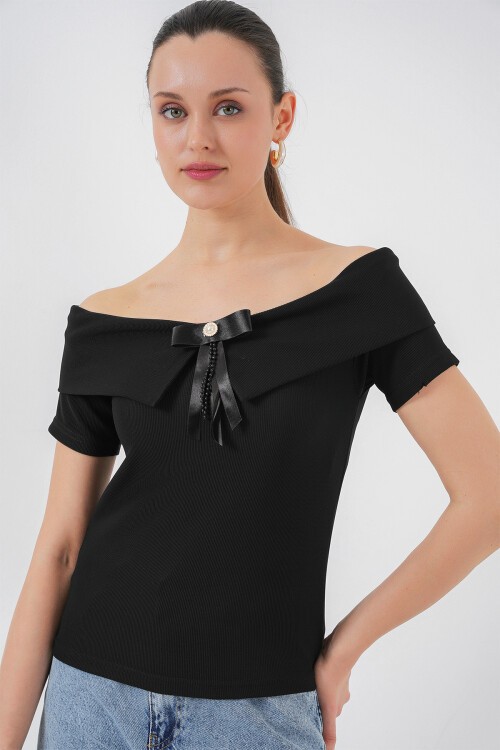 Merterium Kurdele Detaylı Örme Bluz 949 - Siyah