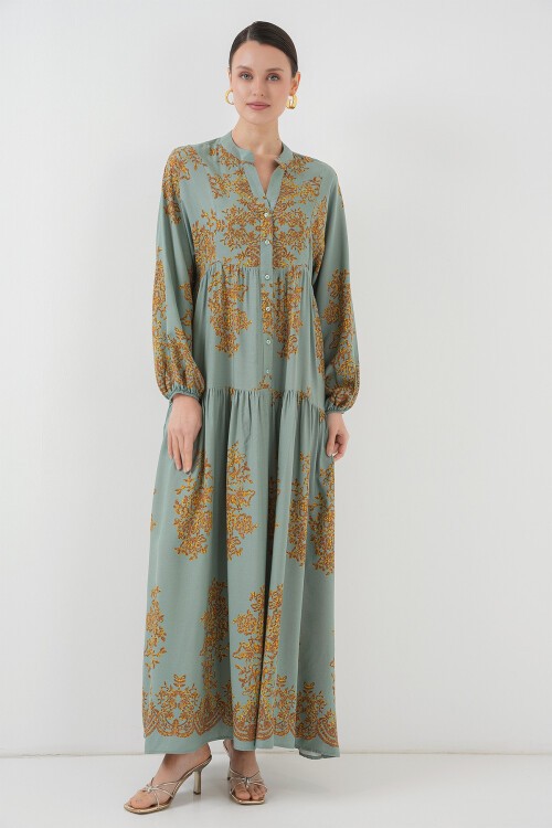 Merterium Mint Gold Desenli Tesettür Elbise 2423