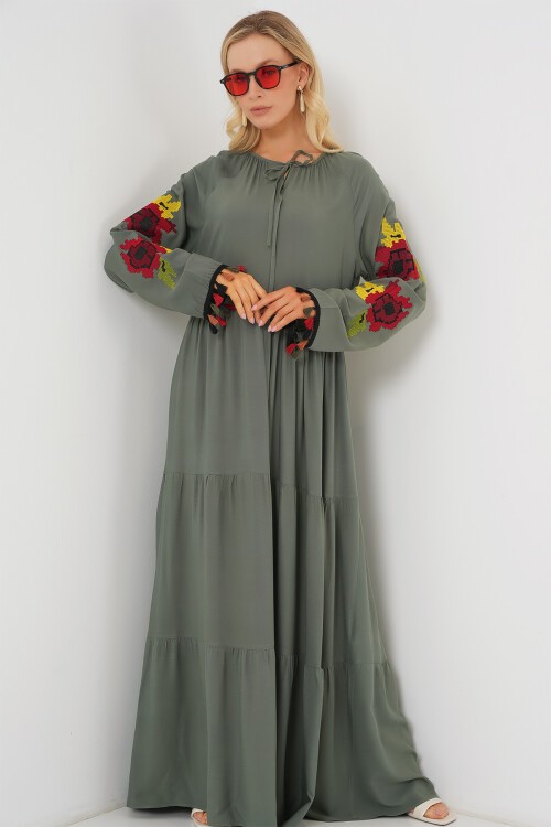 Merterium Nakışlı Uzun Elbise 2534 - Haki