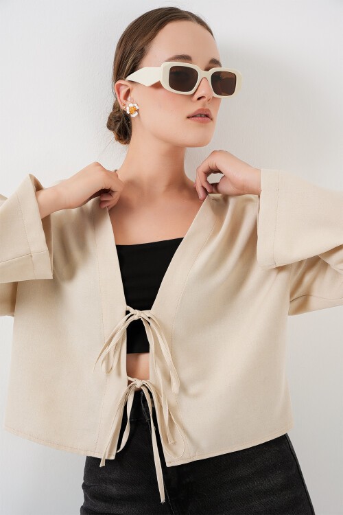 Merterium Önü Bağlamalı Keten Kimono 960 - Krem
