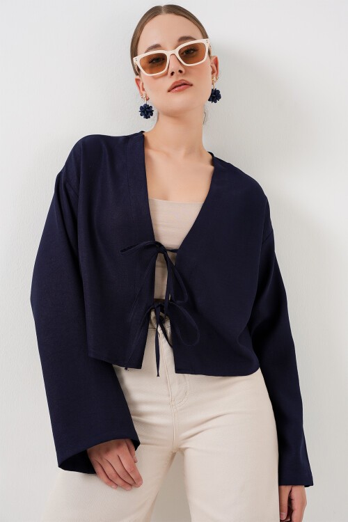 Merterium Önü Bağlamalı Keten Kimono 960 - Lacivert