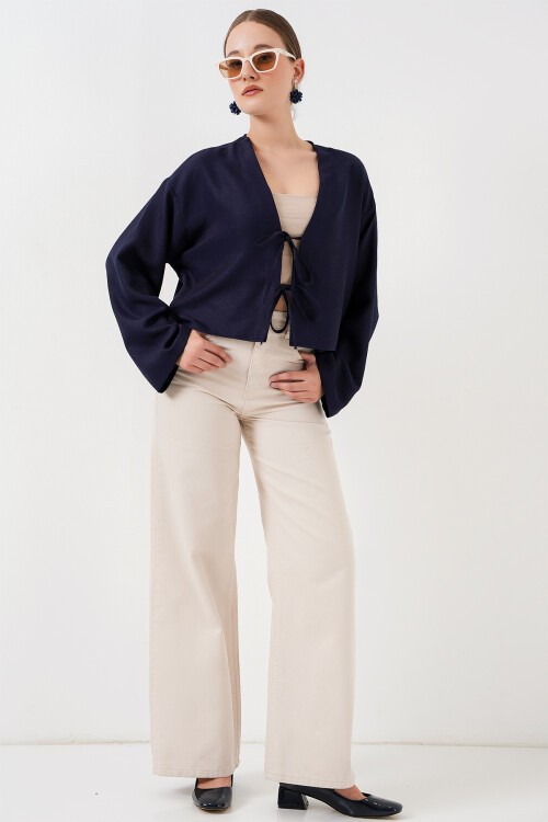 Merterium Önü Bağlamalı Keten Kimono 960 - Lacivert