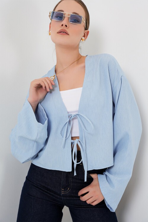Merterium Önü Bağlamalı Keten Kimono 960 - Mavi