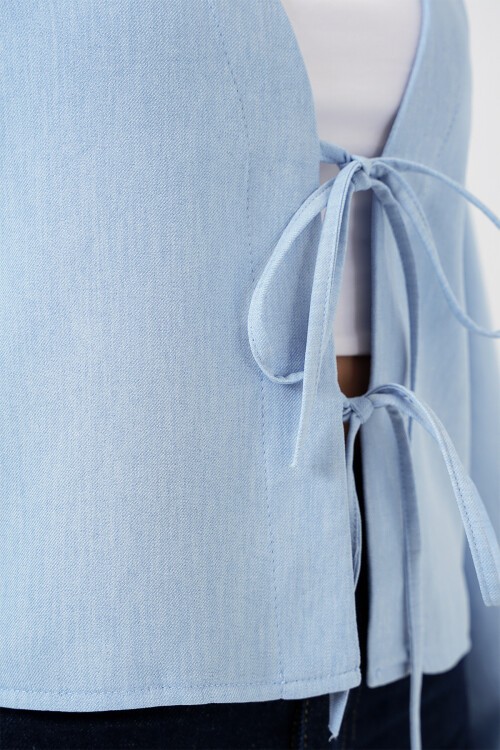 Merterium Önü Bağlamalı Keten Kimono 960 - Mavi