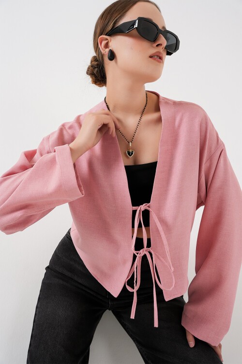 Merterium Önü Bağlamalı Keten Kimono 960 - Pudra