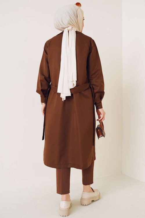 Merterium T5853 Kruvaze Yaka Tesettür Trençkot - Kahverengi