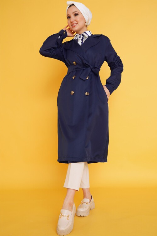 Merterium T5853 Kruvaze Yaka Tesettür Trençkot - Lacivert