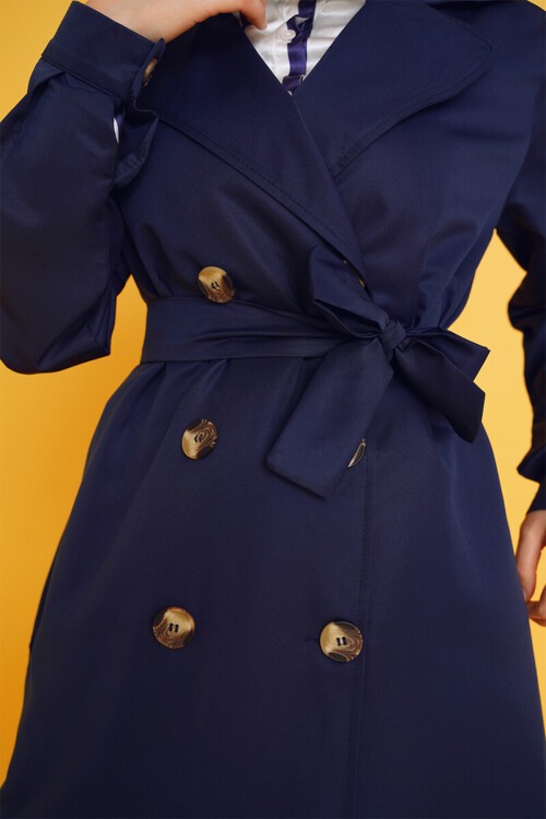 Merterium T5853 Kruvaze Yaka Tesettür Trençkot - Lacivert