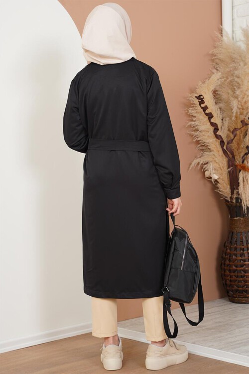 Merterium T5853 Kruvaze Yaka Tesettür Trençkot - Siyah