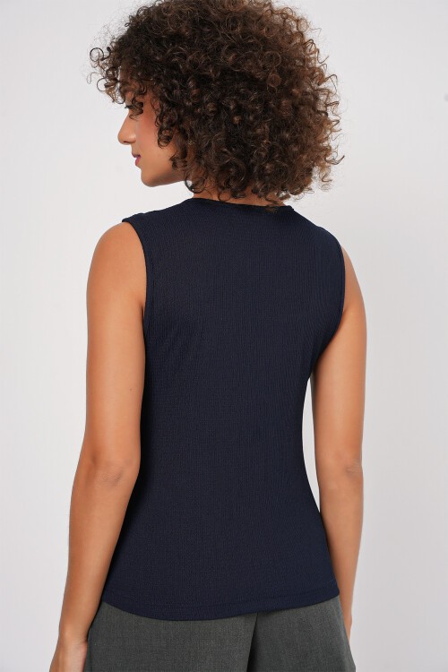 Merterium 0476 Sıfır Kol Örme Bluz - Lacivert