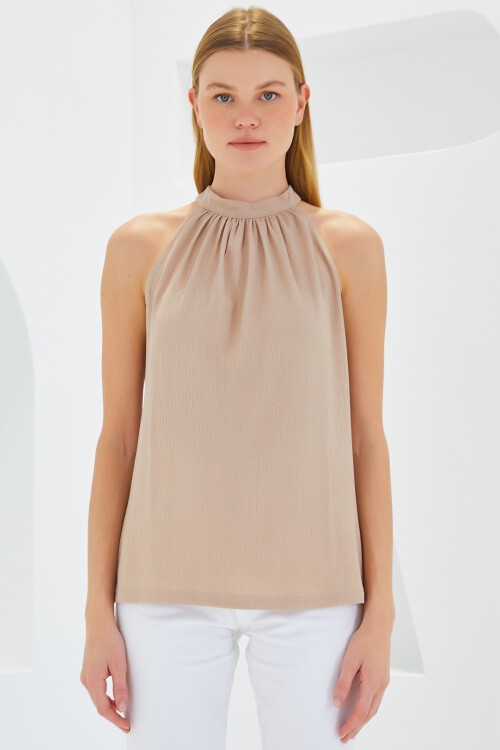 Merterium 0489 Halter Yaka Örme Bluz - Bisküvi