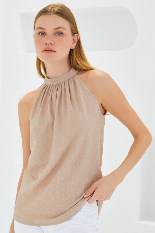 Merterium 0489 Halter Yaka Örme Bluz - Bisküvi