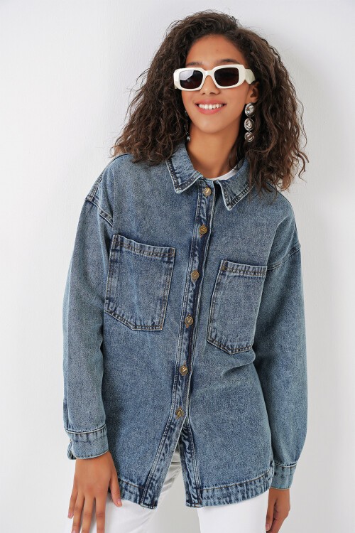 Merterium 0659 Boyfriend Jean Gömlek - Mavi