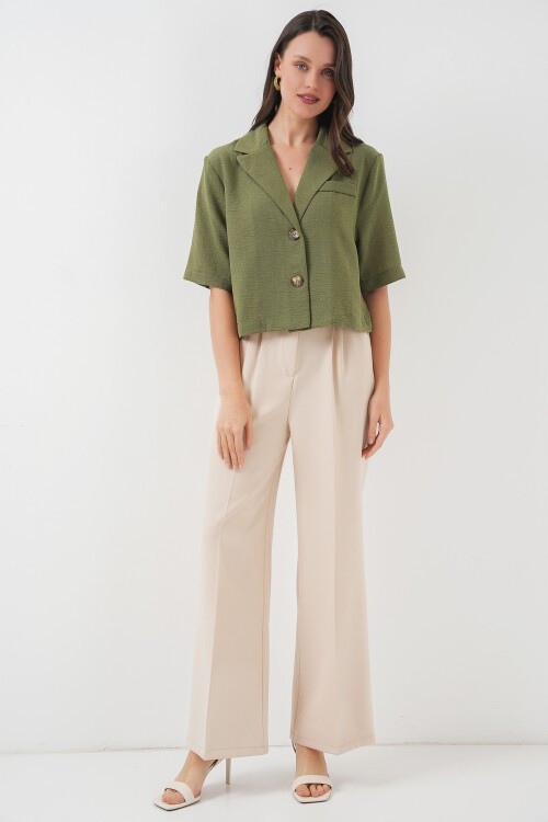 0706 Crop Keten Ceket - Haki