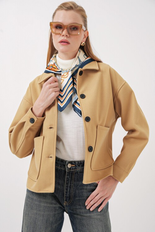 Merterium 0713 Kadın Kaşe Ceket - Hardal