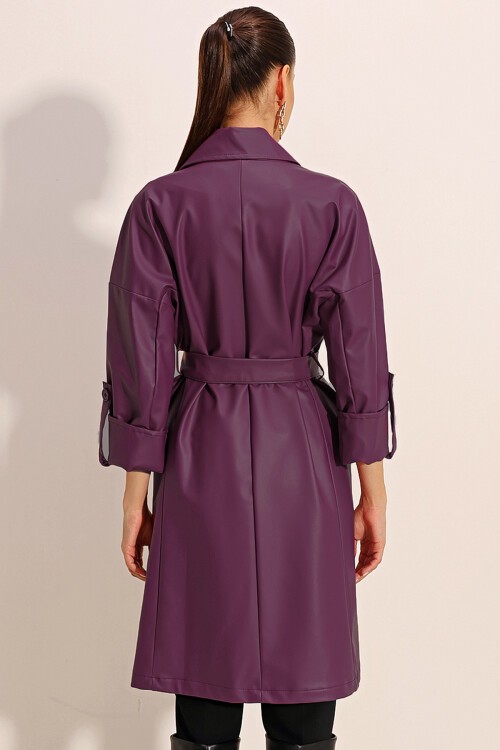 Merterium 1034 Kuşaklı Suni Deri Trençkot - Mürdüm