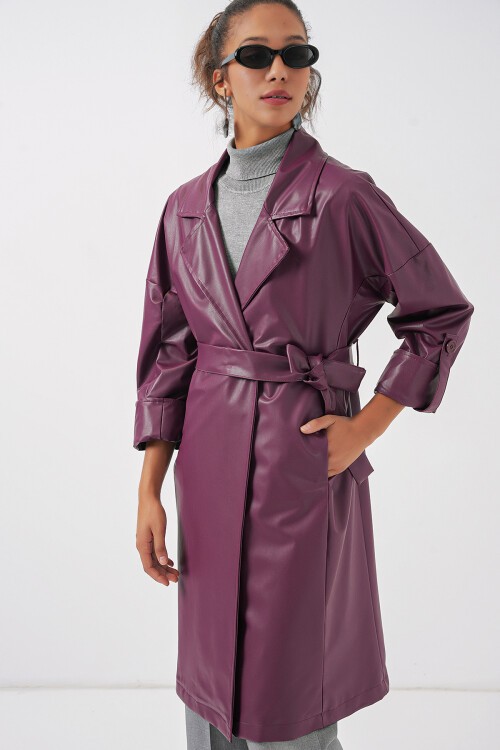 Merterium 1034 Kuşaklı Suni Deri Trençkot - Mürdüm