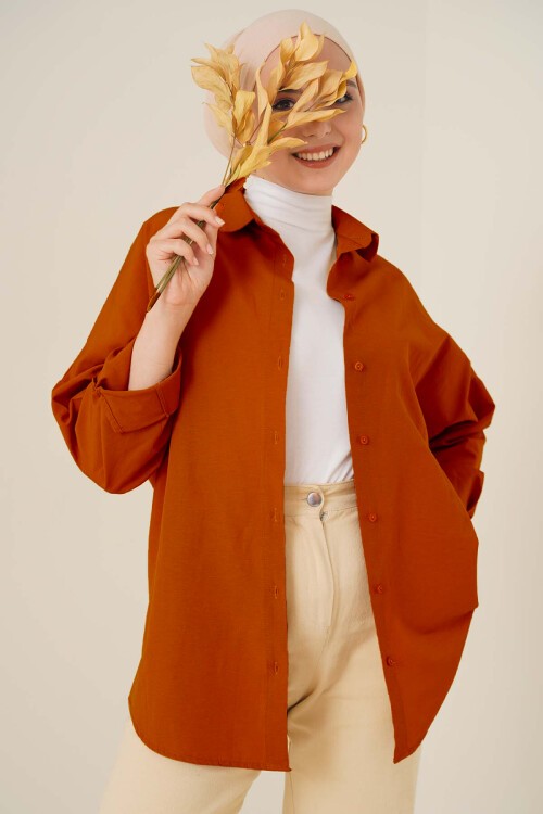 Merterium 103901 Oversize Basic Tesettür Gömlek - Kiremit