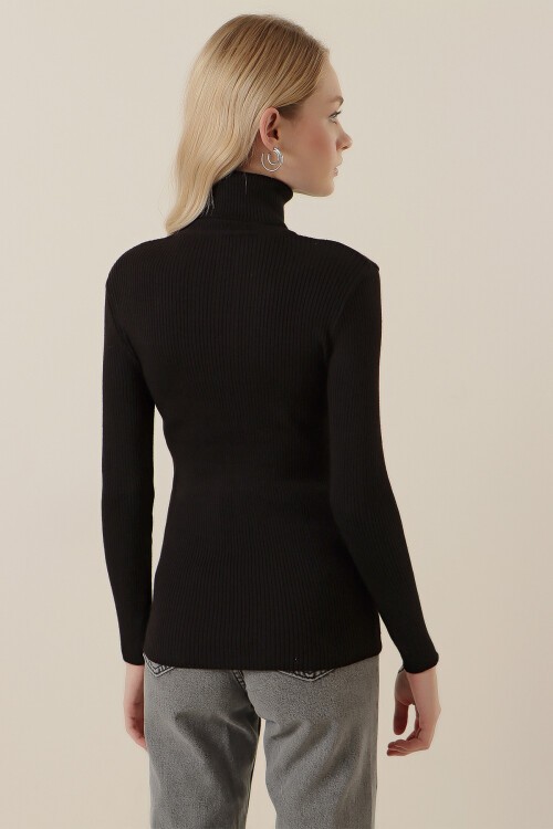 Merterium 15796 Balıkçı Yaka Fitilli Kazak - Siyah