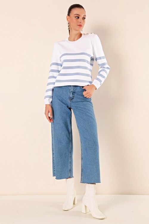 15820 Düğme Detay Çizgili Kazak - C. İndigo